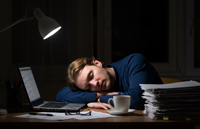Imagen de un teletrabajador dormido sobre la mesa