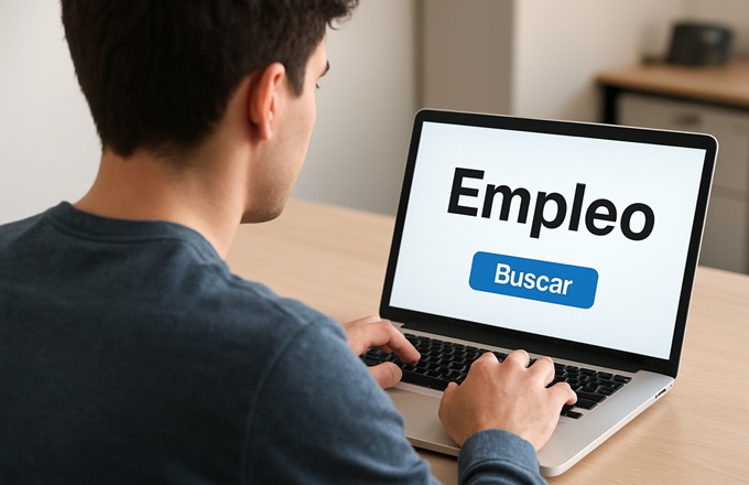 Imagen de un joven buscando trabajo en un portátil