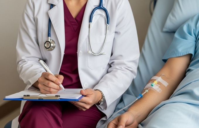 Imagen de una profesional sanitaria con un paciente