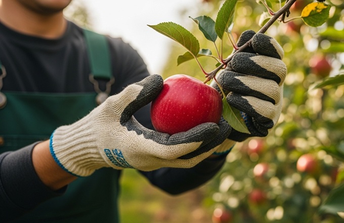 Imagen de un operario recolectando una manzana