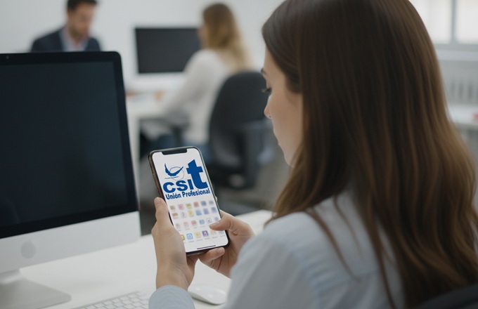 Imagen de una trabajadora mirando su smartphone