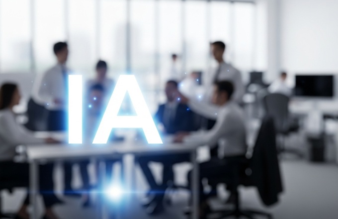 Profesionales trabajando en una oficina con IA
