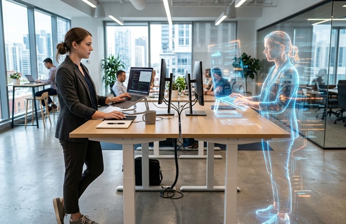 Escenificación de una persona trabajando con su gemelo digital al lado.