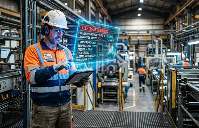 Operario con equipo de protección consultando una interfaz holográfica de alertas de seguridad en una planta industrial.
