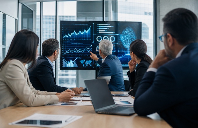 Reunión corporativa con análisis de datos