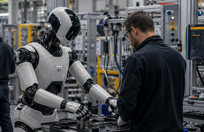 Robot humanoide trabajando con un empleado humano