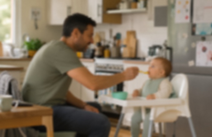 Hombre dando de comer a un bebé