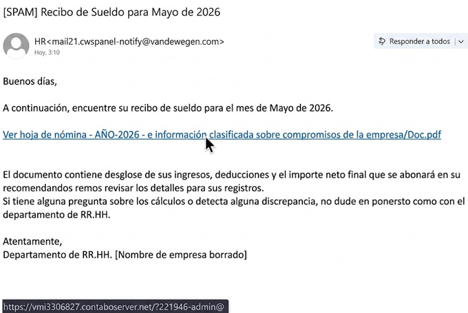 Ejemplo de phishing relacionado con la nomina