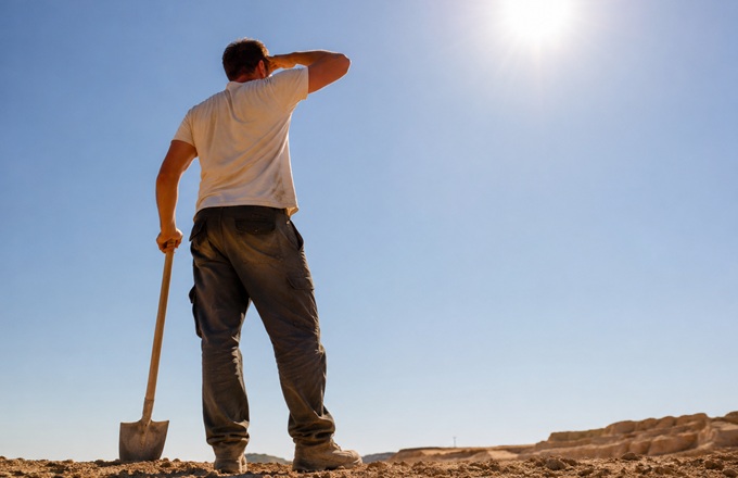 Trabajador en campo árido bajo el sol