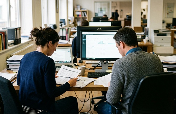Personas revisando documentación en una oficina