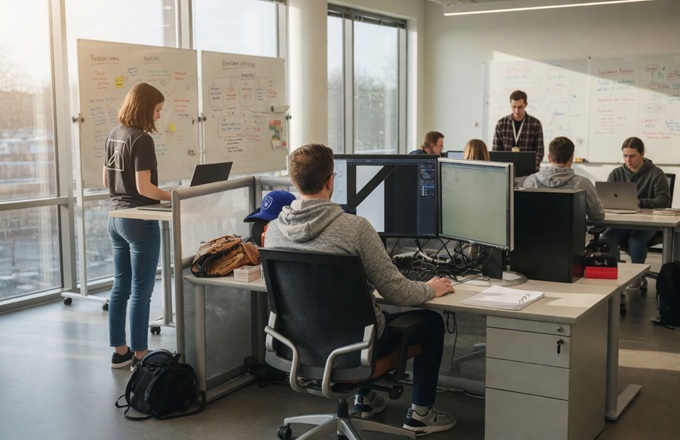 Representación de una startup con gente trabajando